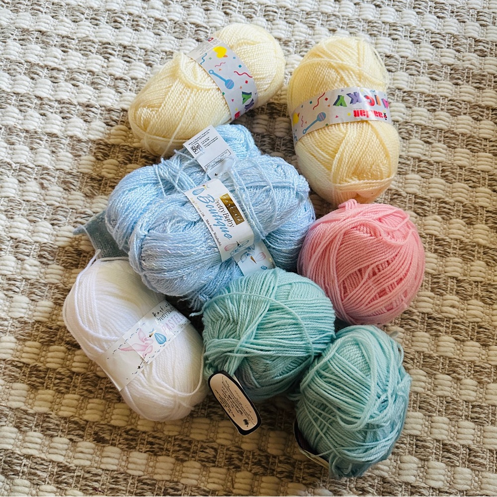 🧶 Bundle of Nine‎ Yarn Skeins, Pale/Baby Colors, Greens, Yellows, Pinks, Blues